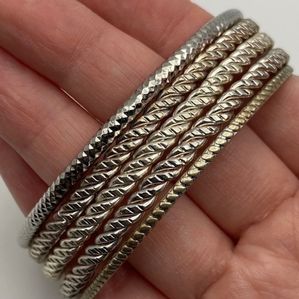 Bangle Bracelets Silver Tone Textured Boho 5 Piece Set - Picture 6 of 9